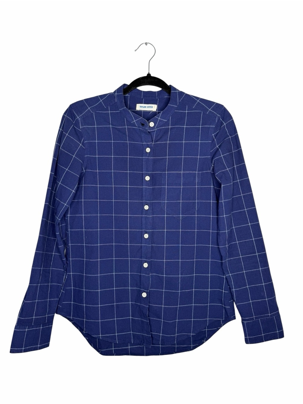TAYLOR STITCH / blue check plaid mandarin collar long sleeve button up shirt / S